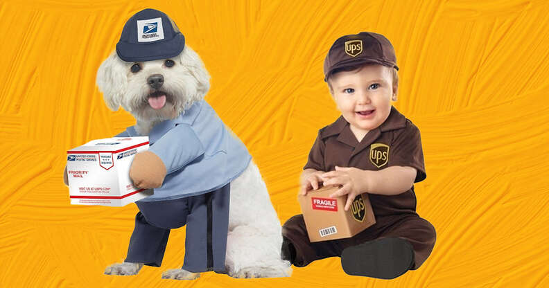 USPS and UPS drivers dog and baby costumes