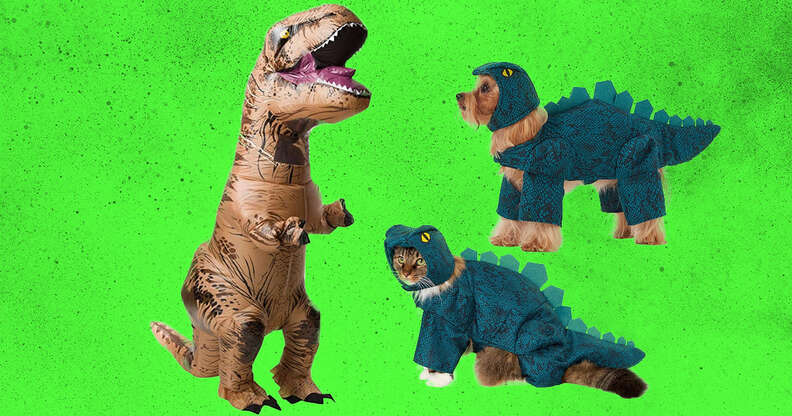 Dinosaur human and dog costumes