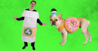 A coffee and donut matching owner and pet costume