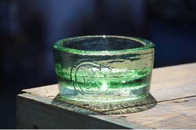 A one-of-a-kind dog bowl made from recycled glass