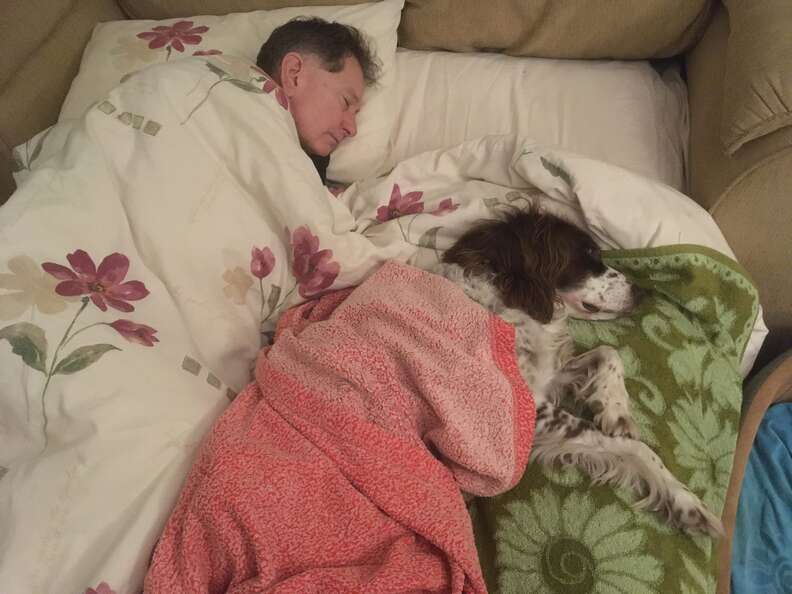 Dad sleeps downstairs with dog to make sure he's comfortable