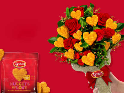 L: A bag of heart-shaped chicken nuggets. R: A bouquet of chicken nuggets and red roses.