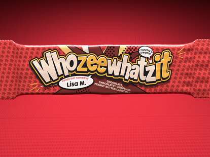 A wrapped Whozeewhatzit candy bar.
