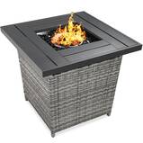 28" 50,000 BTU Propane Wicker Fire Pit Table w/ Faux Wood Tabletop & Cover