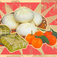 lunar new year chefs eating food celebration peking duck dumplings mah jong oranges fruit