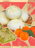 lunar new year chefs eating food celebration peking duck dumplings mah jong oranges fruit