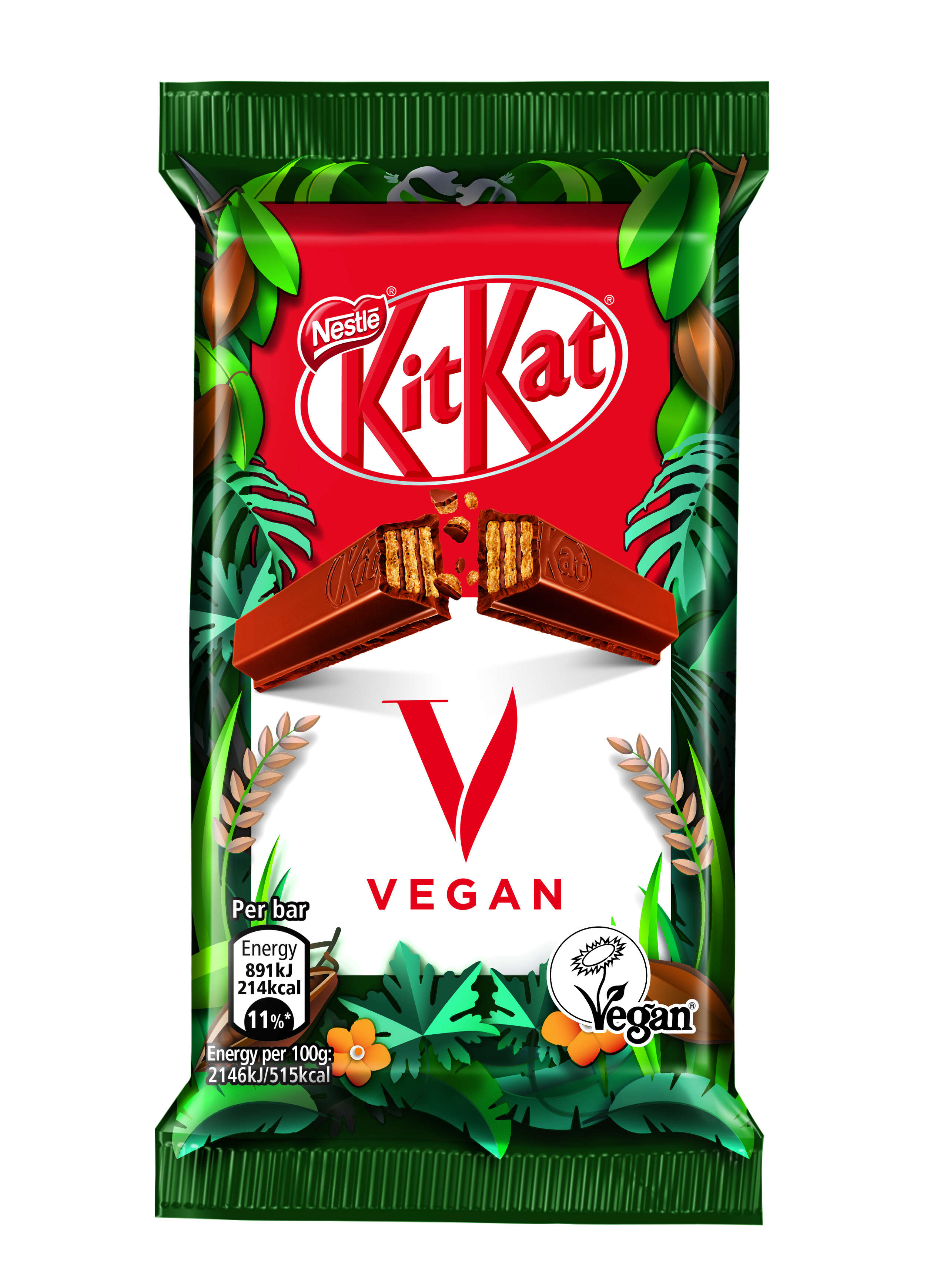 The new vegan KitKat V's wrapper is green in color and plant-inspired.