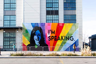 40-foot piece made of crochet squares depicting Vice President Kamala Harris at The Wharf
