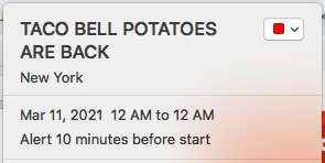 Taco Bell potatoes event reminder in iCal