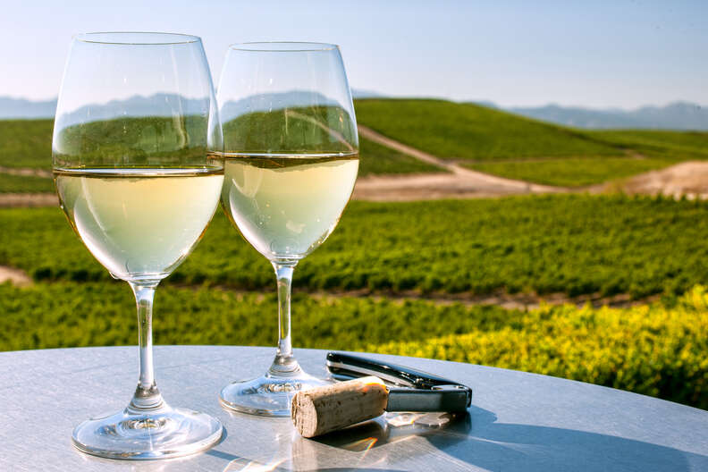 Northern California wine country with white wine glasses