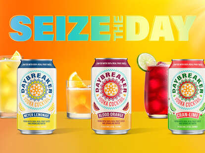 Daybreaker vodka cocktail cans in Meyer lemonade, blood orange, and cran-lime varieties. 