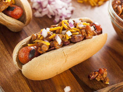 Chili Hot Dog loaded with toppings