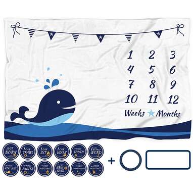 Nautical Baby Monthly Milestone Blanket with 12 Stickers