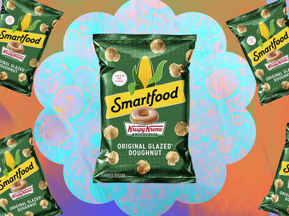 A photo collage of packages of Smartfood Krispy Kreme ready-to-eat original glazed donut popcorn.