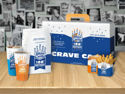 A White Castle "Crave Case," sodas, fries, and a slider. 