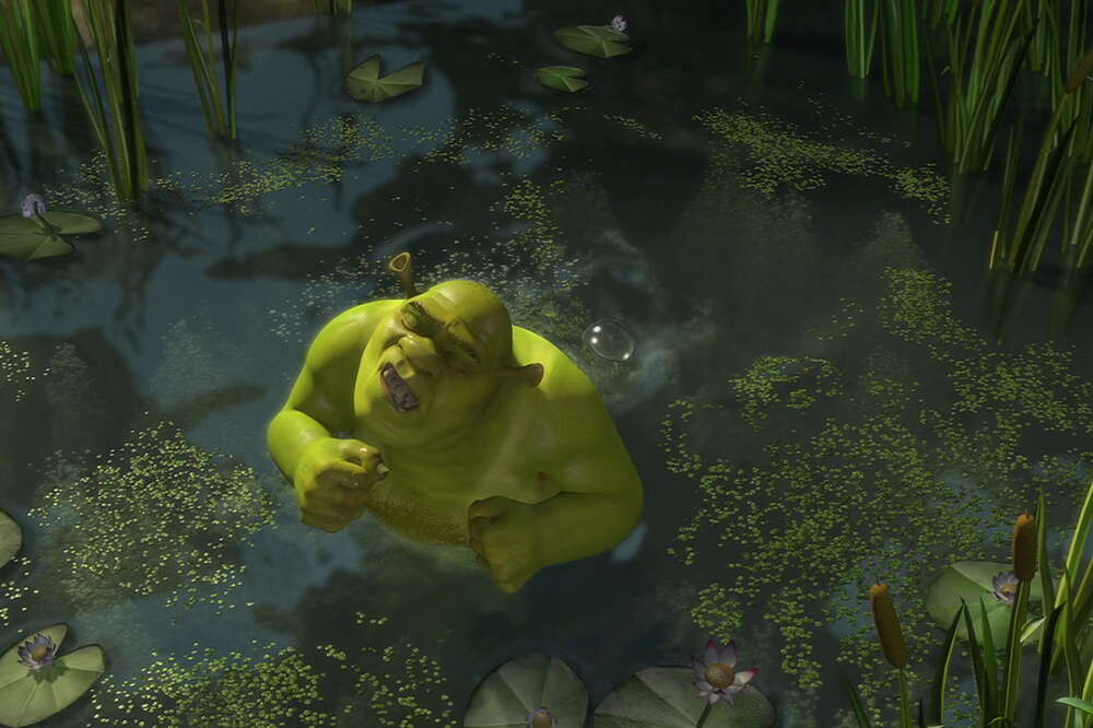 bronze statue of Shrek movie still, cinematic