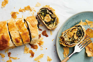 Leek, Swiss chard and filo chicken roulade