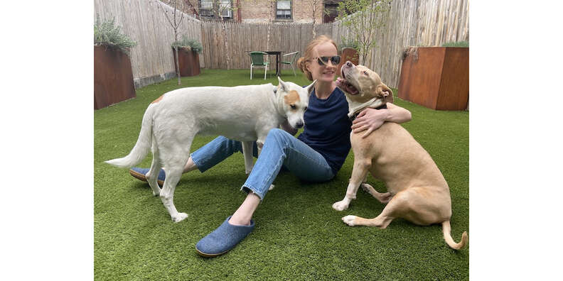 dogs with owner in Glerups rubber sole slippers