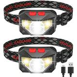 2 Pack of Rechargeable Headlamp, 500 Lumen COB Enhanced Head Lamp with Individual On/Off Button, Super Bright White Cree LED & Red Light, Motion Sensor, Waterproof