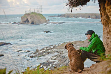 man and dog overlooking ocean