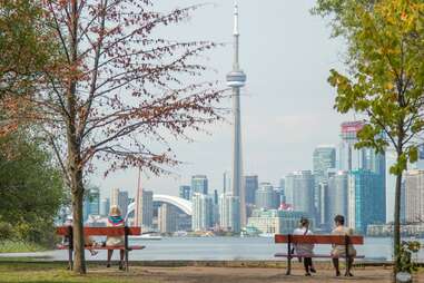 people sitting on benches with view of city and Toronto tower