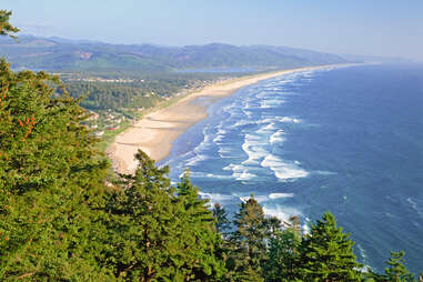 Looking south at the Nehalem Spit separating the Pacific Ocean and Nehalem Bay viewed from Neahkahnie Mountain in Tillamook County, Oregon