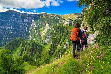 people hiking along a mountain cliff near a valley filled with wildflowers
