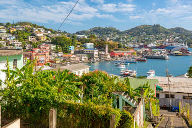 overlooking a colorful port town