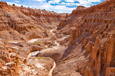 a desert trail winding through a red rock canyon