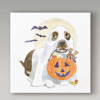 This painting that features a trick-or-treating dog: Halloween Pets III Wall Art