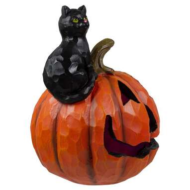 This tabletop decoration featuring Halloween’s two biggest icons: Jack-O-Lantern and Cat Tabletop Halloween Decoration