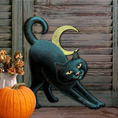 This wooden black cat you can hang on your front door: Spooky Halloween Cat Wooden Door Mural