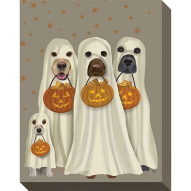 This print of four spooky dogs collecting their Halloween treats: Halloween Trick Or Treat Dogs by Fab Funky