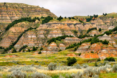 rolling, striped hills at Theodore Roosevelt National Park