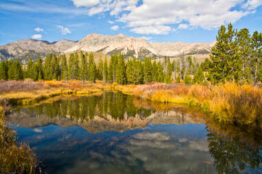 a mountain and fall foliage reflected in a river beneath a clear sky