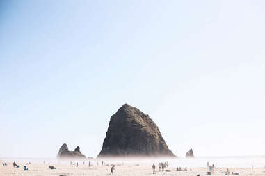 people on a misty beach near a giant rock