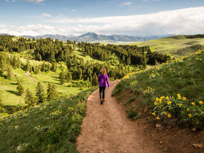 a woman hiking along a mountain pass with wildflowers and rocky mountains in the distance