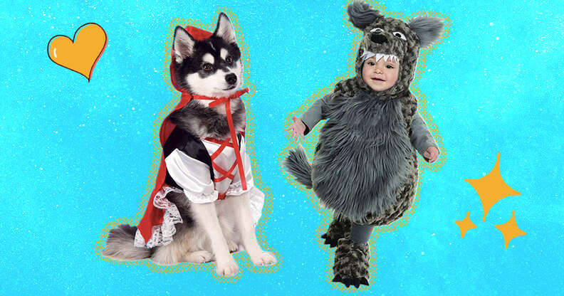 dog and baby in halloween costumes