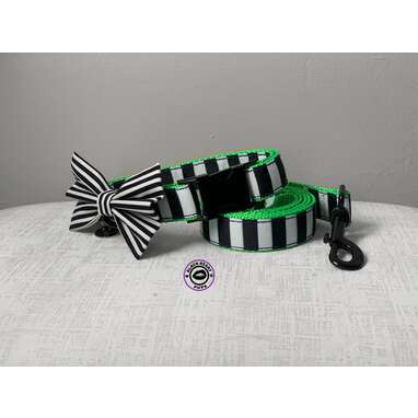 The perfect collar for “Beetlejuice” fans: BEETLE SET — Black and White Stripe Dog Collar and Leash Set
