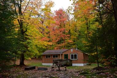 a small cabin in a fall forest
