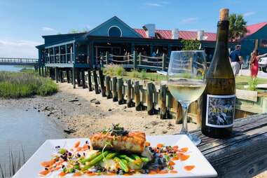 a meal and wine near a seaside restaurant