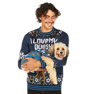 Another punny sweater: Tipsy Elves® Hanukkah "I Love My Doggy/Human A Latke" Sweater for Pups + People