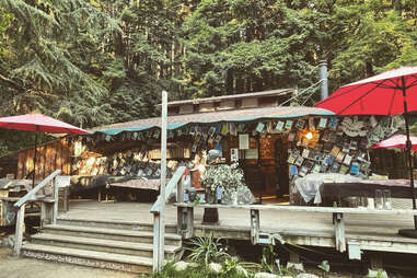 a library covered in art in the forest