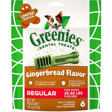 Dental treats with a holiday twist: Greenies Holiday Gingerbread Dental Dog Treats