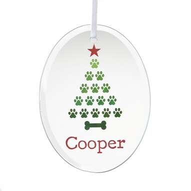 The cutest paw print Christmas tree: Frisco Christmas Tree Glass Personalized Ornament