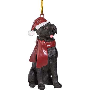 This dog who’s decked out for the holidays: Design Toscano Black Labrador Retriever Holiday Dog Christmas Tree Ornament