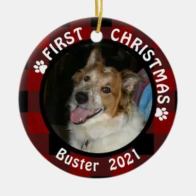 A double-sided ornament for twice as much fun: Pet FIRST CHRISTMAS 2-Sided 2-Photo Buffalo Check Ceramic Ornament