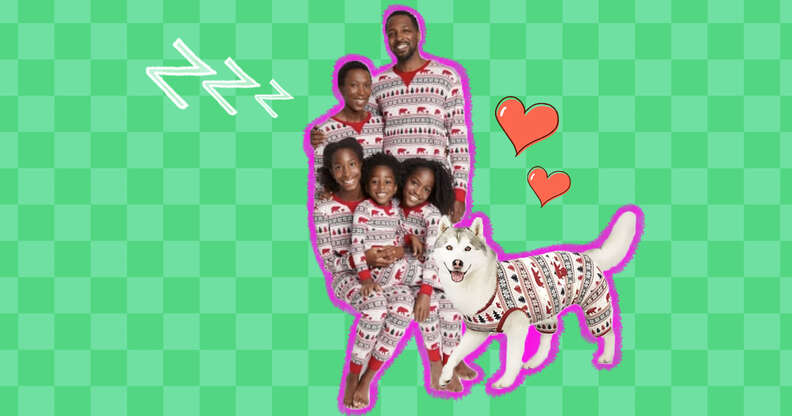 family and dog in matching pajamas