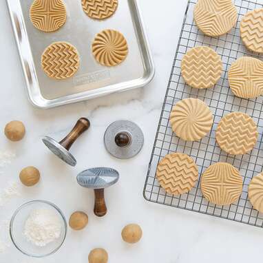 For the cookie decorator:  Nordic Ware Geo Cast Cookie Stamps