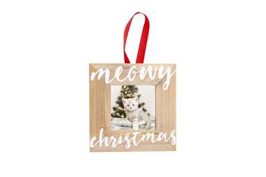 A way to hang your cat right on the tree: Pearhead Meowy Christmas Cat Wooden Photo Ornament